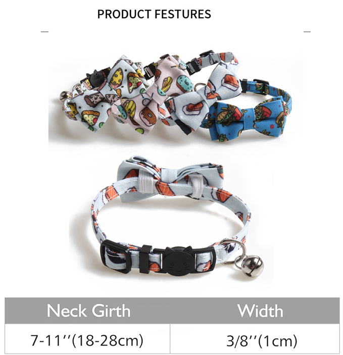 Delicious Food Printing Cat Collars with Bow Tie, Adjustable Cat Tie with Bells Safety Buckle Cute Pet Food Series Collars for Small Dogs and Cats Boy