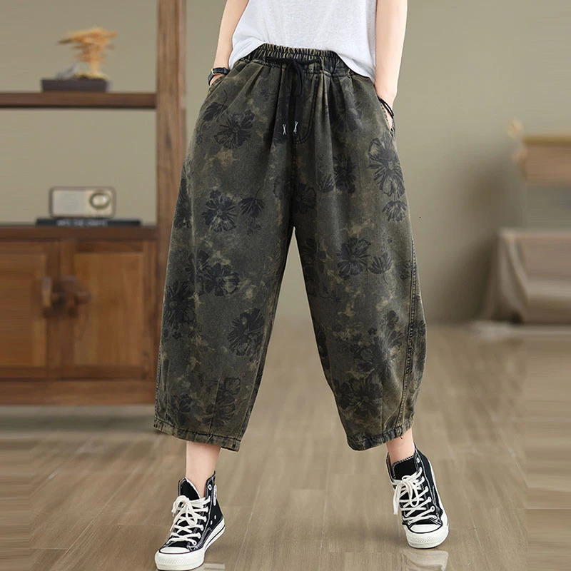 Womens Summer Casual Jeans Arrival Retro Style Flower Printed Loose and Comfortable Cowboy Harem Pants S010 250311