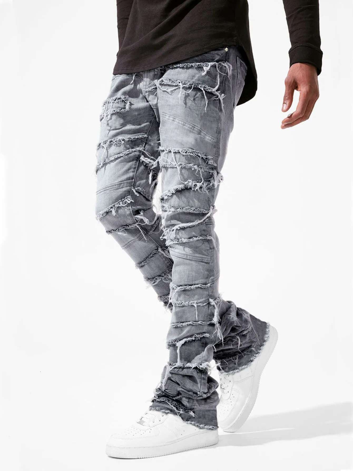 2025 Summer New Stacked Jeans Fashion Designer Light Luxury Men s Patch Splicing Jeans Tear Wash Wear Pants Street Outdoor Casual Pants
