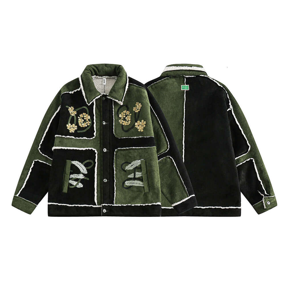 Jiayiku Trendy Brand 2024 New Winter Cotton Jacket With Flower Embroidery, Splitting Cutting, And Color Contrasting Lamb Fleece Coat