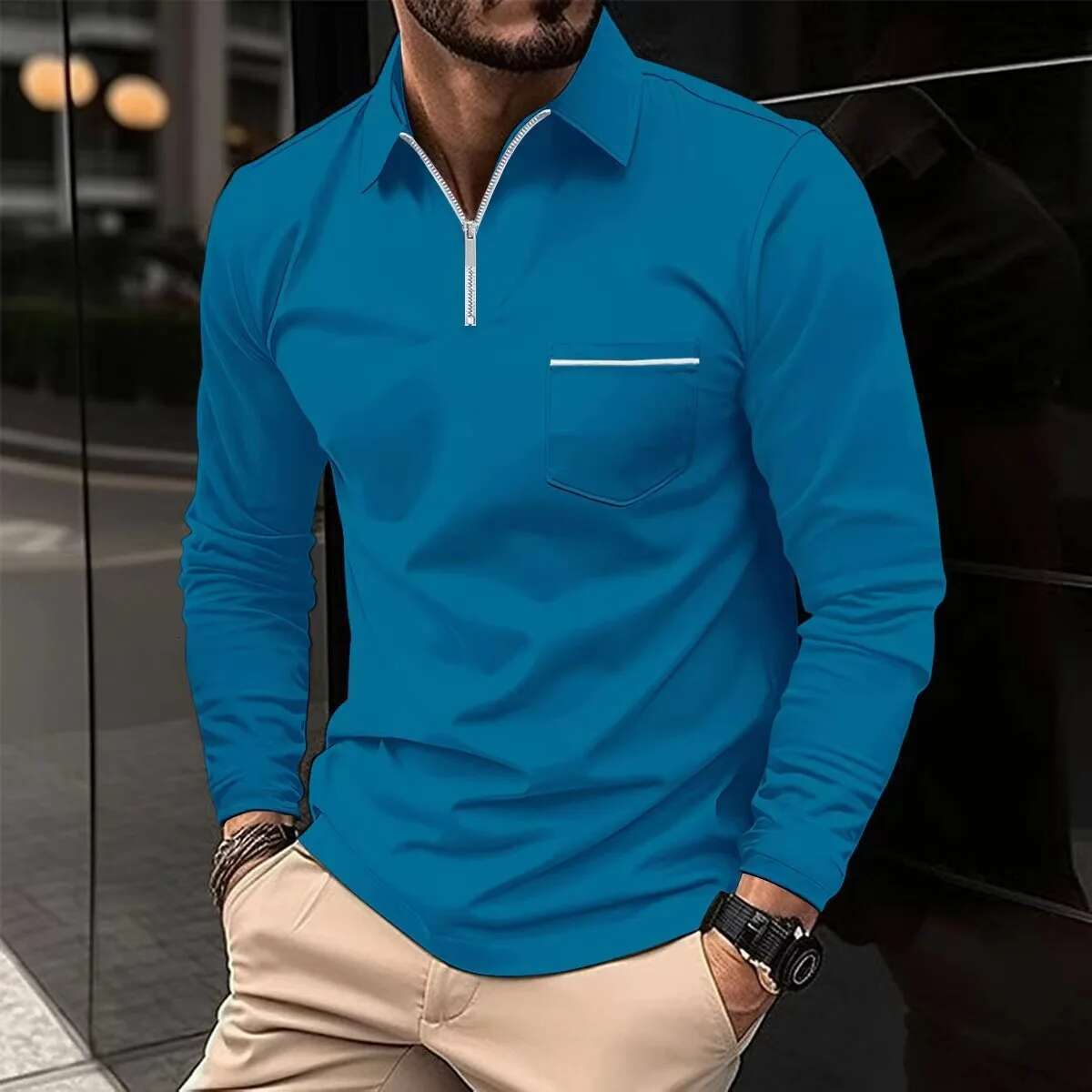 Spring Autumn Solid Color Polo Shirt Zipper Pocket Lapel Men's Casual Sports Long Sleeve Top Men