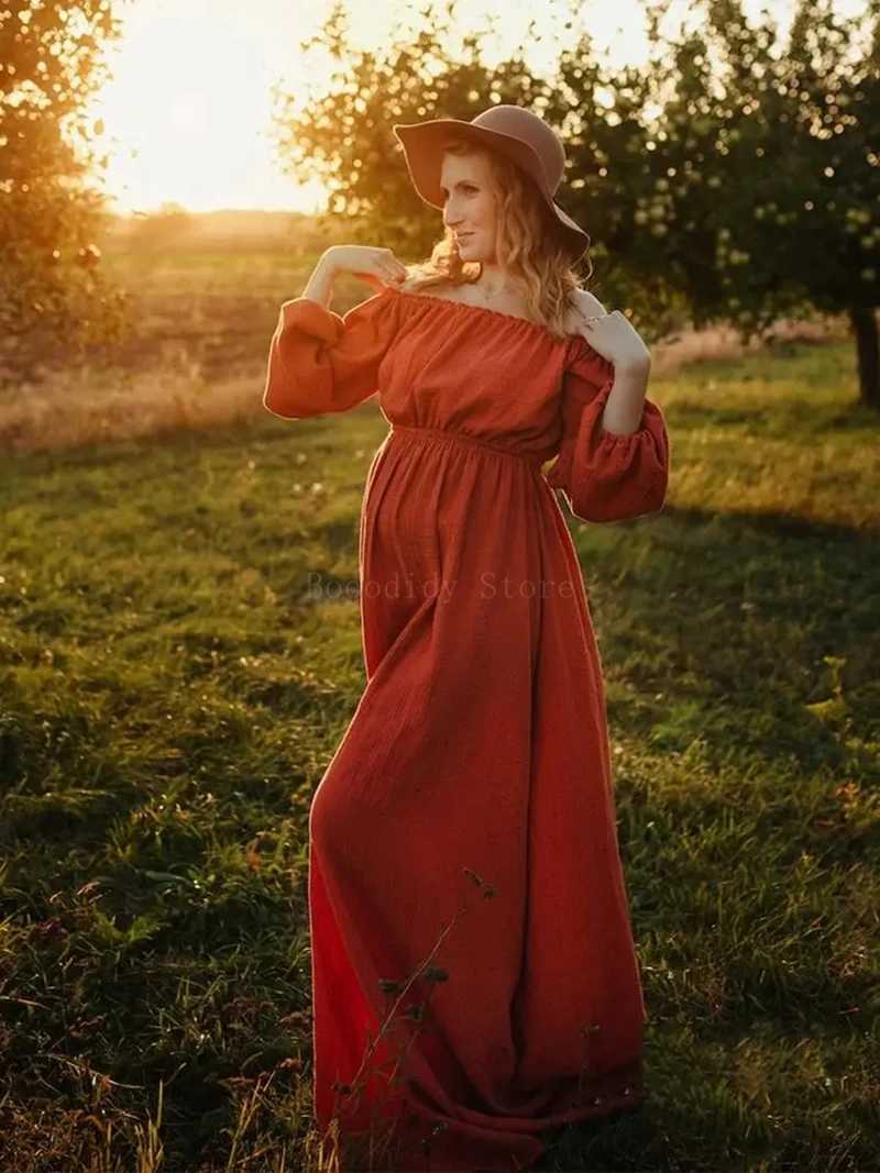 Boho Maternity Photo Shoot Dress Comfortable Linen Cotton One Shoulder Pregnancy Dress Bohemian Style Maternity Shoot Dress X250224