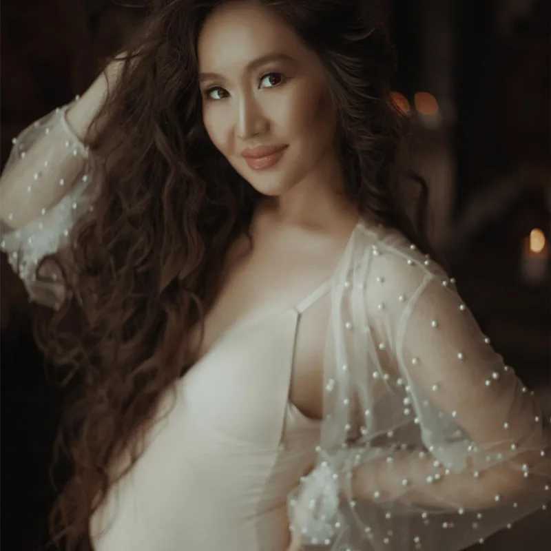 Sexy Perspective Pearl Maternity Photography Long Dress Full Sleeve Beading Tulle Long Dress for Pregnant Women Photo Shoot X250224