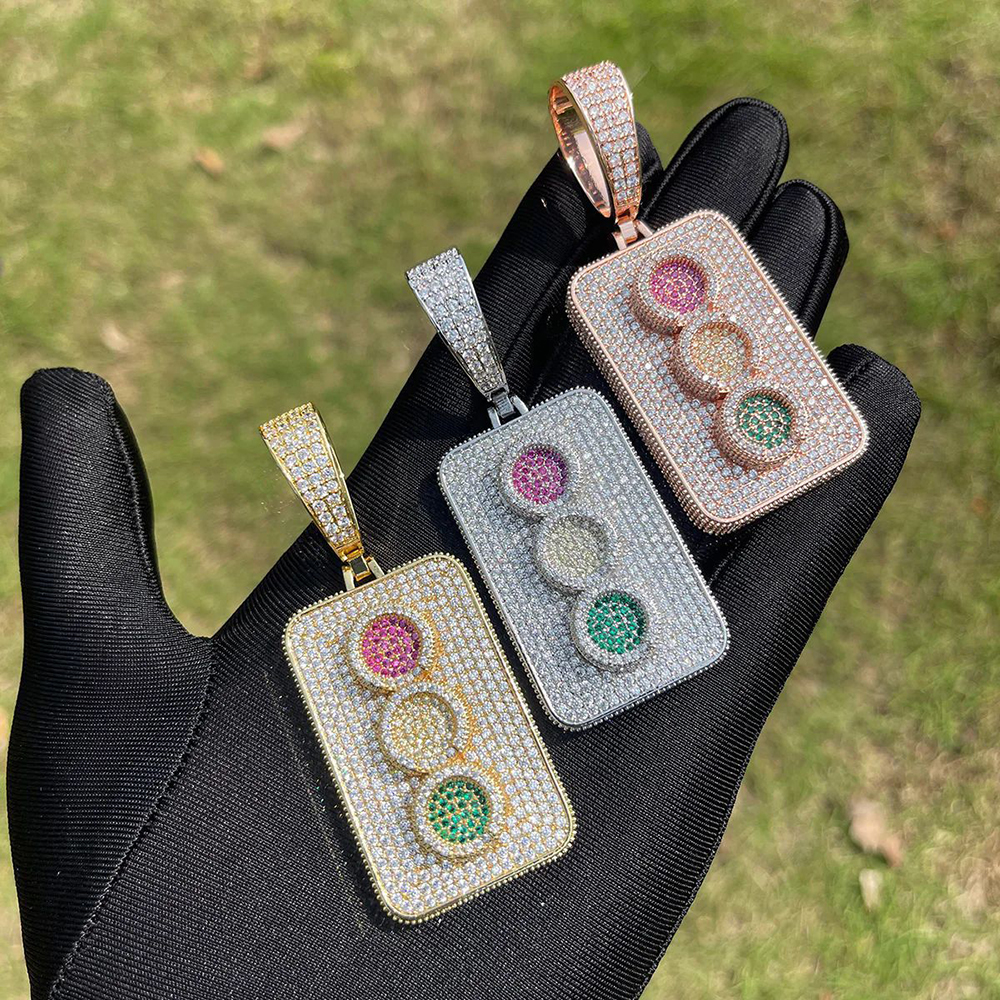 Hip Hop Traffic Lights Pendant Necklace Colorful 5A Zircon Gold Plating Originality Jewelry