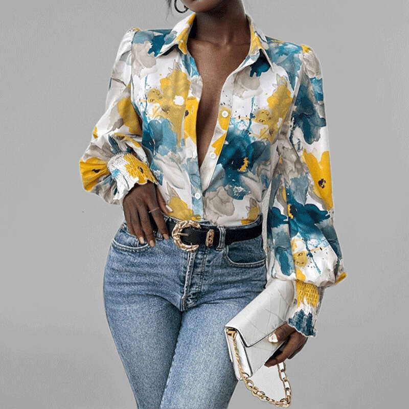 2025 Spring New Women's Flip Collar Bubble Long Sleeve Loose Printed Shirt For Women KLMY