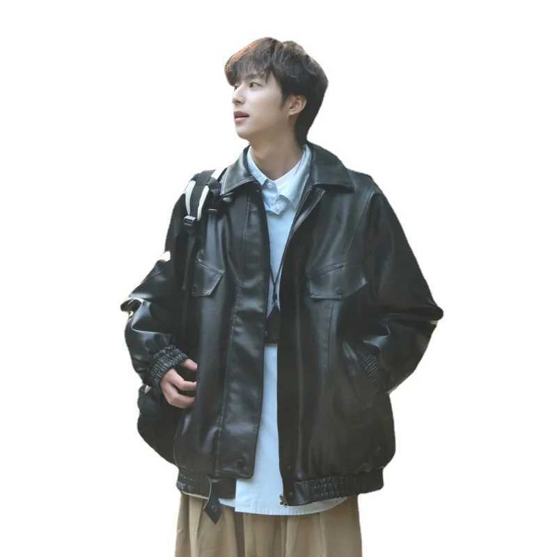 Mens Bomber Zippered Leather Jacket Mens Casual Street Multi Pocket Work Jacket Slim Fit Pilot Baseball Suit Mens ClothingT250311