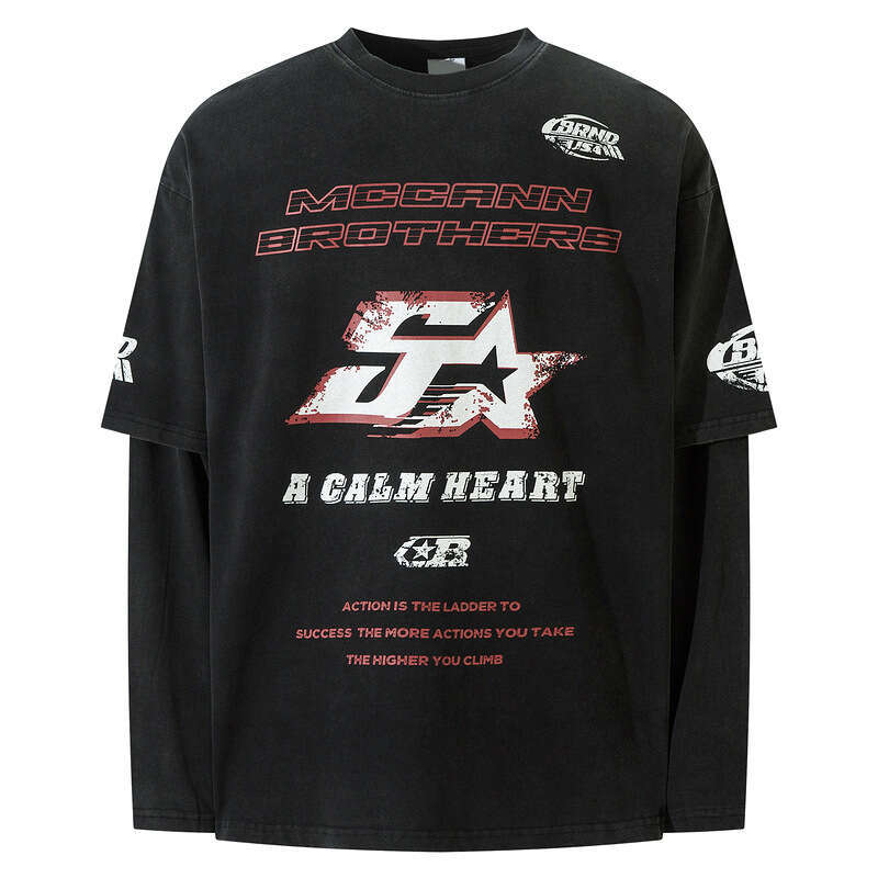 American Style Washed Old And Spray Dirty Craftsmanship, Niche Design, Fake Two Star Letter Long Sleeved T-Shirt For Men