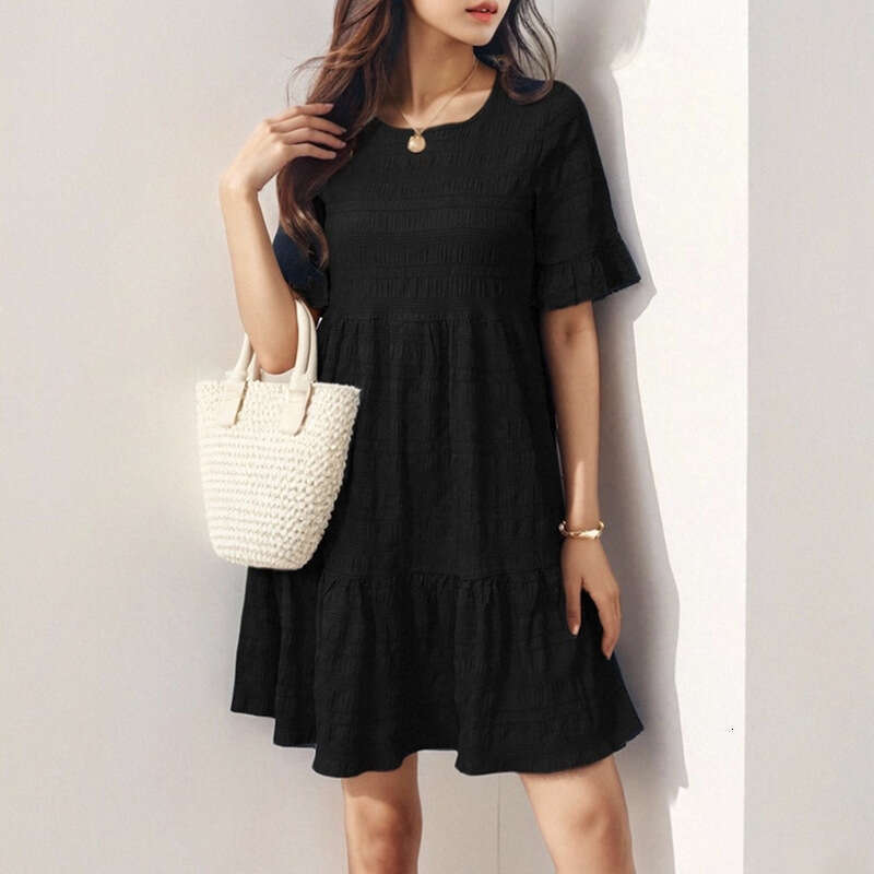 Spring 2025 New Women's Loose Casual Short Sleeved Square Neck Mid Length Dress For Women KLMY