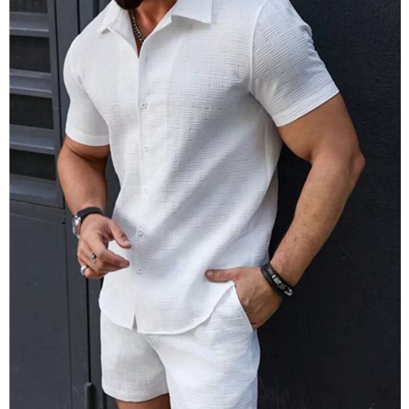 Spring2025/Summer Solid Color Corduroy Sleeve Shirt And Shorts Stretch Beach Casual Suit