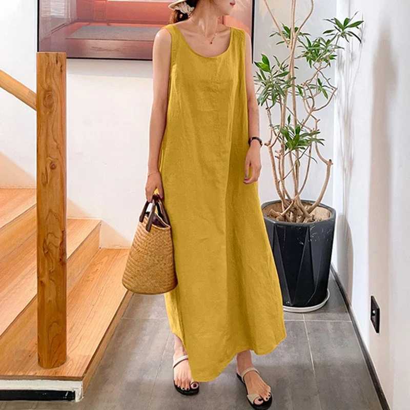 2024 New Summer Women Sleeveless Sundress Elegant Round Neck Cotton Linen Solid Long Tank Dress Vintage Pockets Beach VestidosT250311