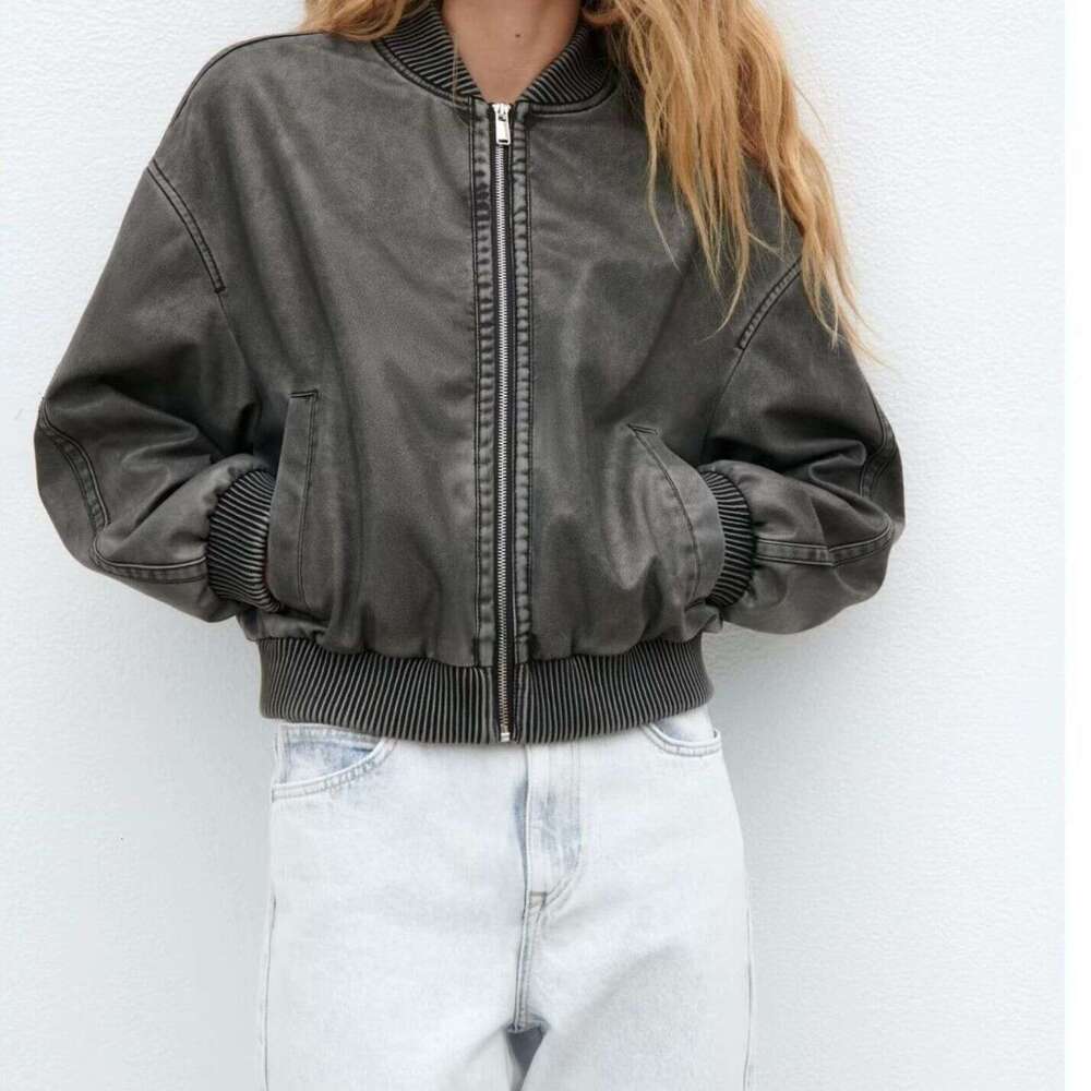 2023 Autumn New Y2k Women's Washed And Worn Effect Pilot PU Leather Jacket