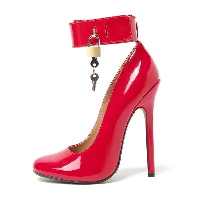 High Heel Crossdresser Sexy Stiletto Plus Padlock Atos Mujer Round Toe Ankle Strap Shoes Woman Cm Thin Heels Stripper Pumps