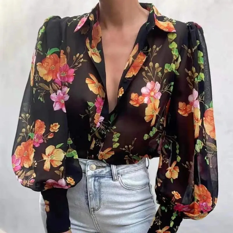 Stylish Long Sleeve Floral Print Chiffon Shirts Women Elegant Loose Blouse Button Up Casual Lady Blouses Vintage Tops 8638 250310