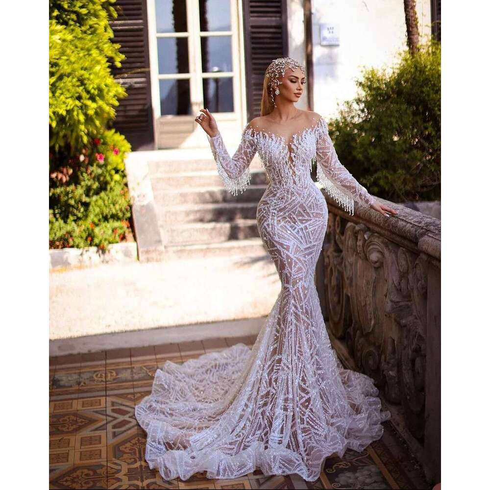 the bright mermaid beads lace sequins bag full sleeve crystal up floor wedding dress robe made to order
