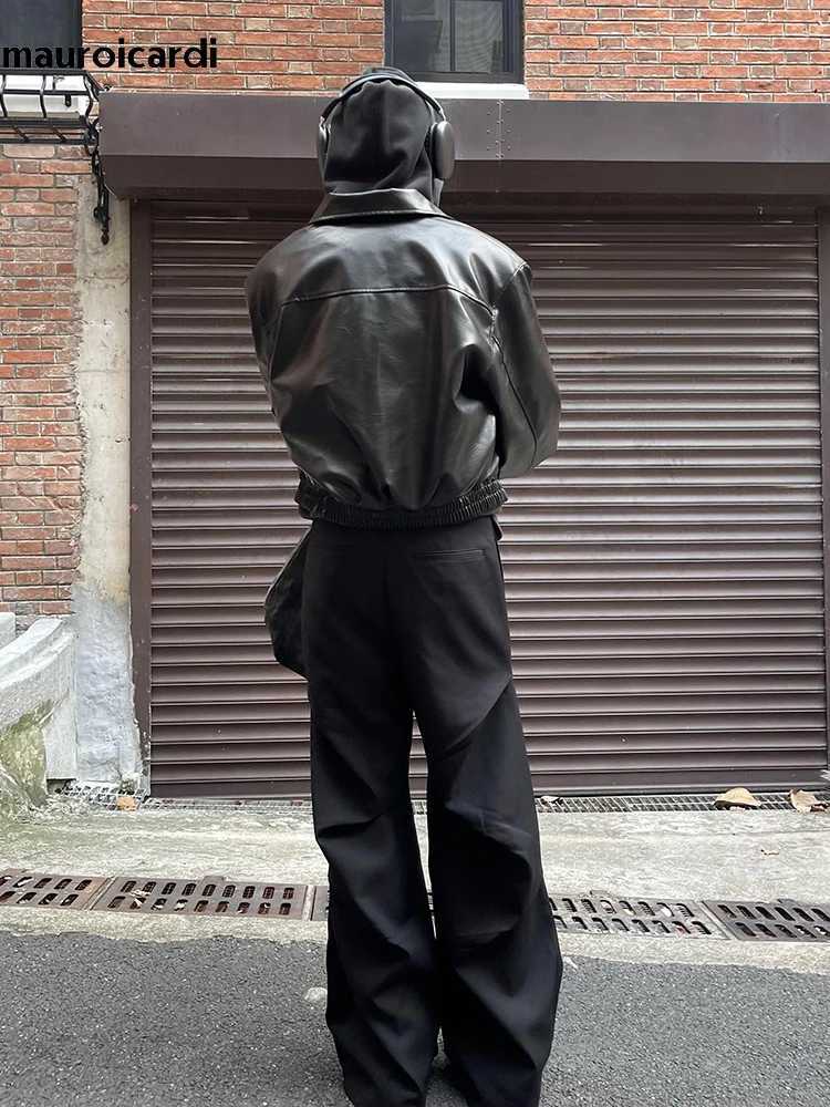 Mauroicardi Spring Autumn Cool Oversized Short Black Soft Pu Leather Jacket Men Zipper Luxury Designer American Vintage ClothesT250311