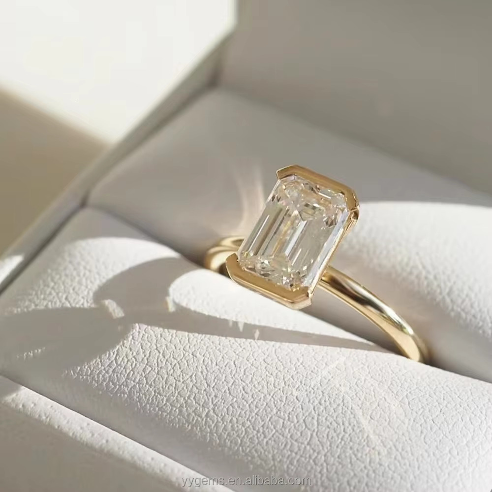 Customized 14K Yellow Gold Half Bezel Setting 6*9 Ridine Che Moissanite Solitaire Wedding Ring Fine Jewelry Women Rings