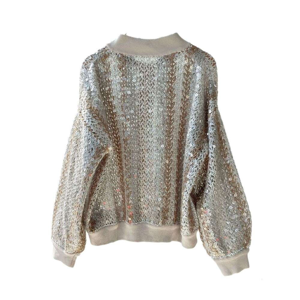 Baorong High-End BC Knitted Jacket For Autumn Women's Clothing, Lao Qian Feng Heavy Industry Fish Scale Sequin Semi High Neck Cardigan