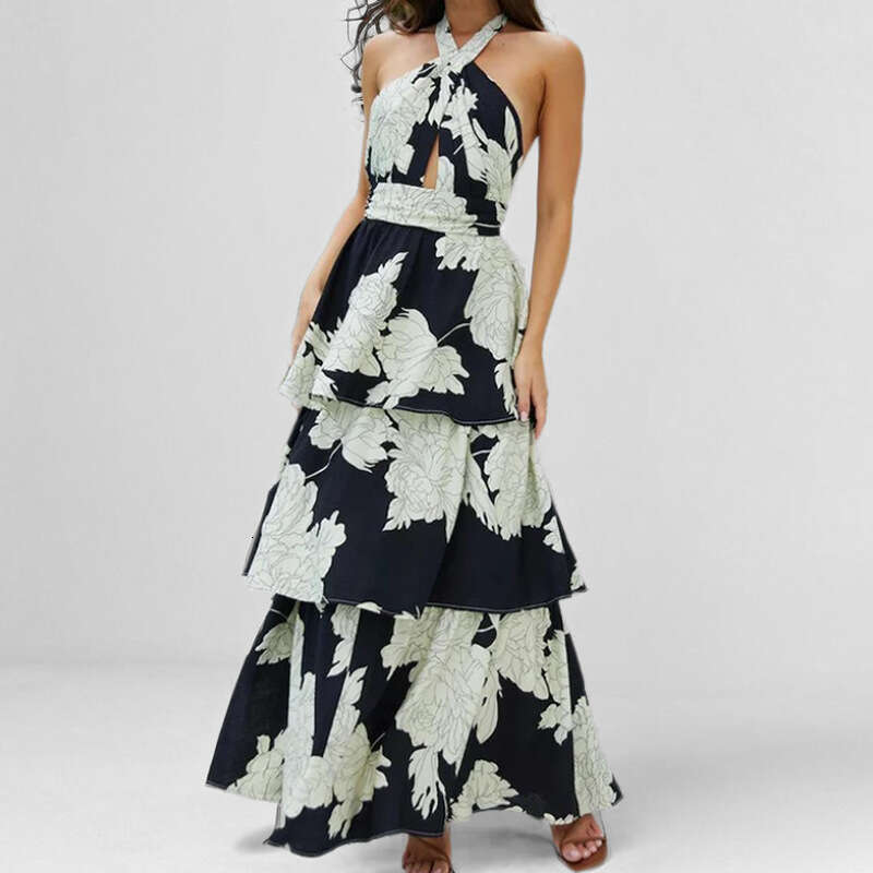 2025 Spring New Women's Clothing Elegant Printed Neck Strap Dress For Women KLMY