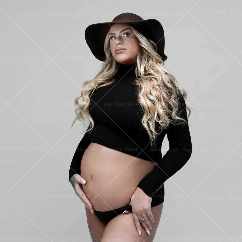 Maternity Dresses For Photo Shoot Open Belly Set Two Piece Black Elastic Fabric High Neck Short Top Pregnant Photo Shoot Clothes X250224