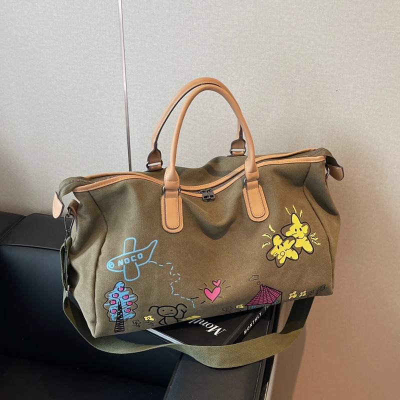Colorful Cartoon Graffiti Pattern Womens Boston Travel Clothes Bags Large Capacity Shoulder Duffle Bag Canvas Crossbody Handbag 250311