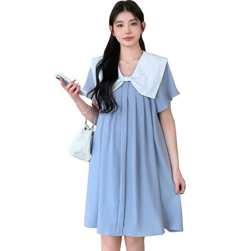 Navy Collar Pregnant Women Short Dress Loose Summer Short Sleeve Maternity Pleated Dress Sweet Pregnancy Chiffon Dress Blue PinkT250311