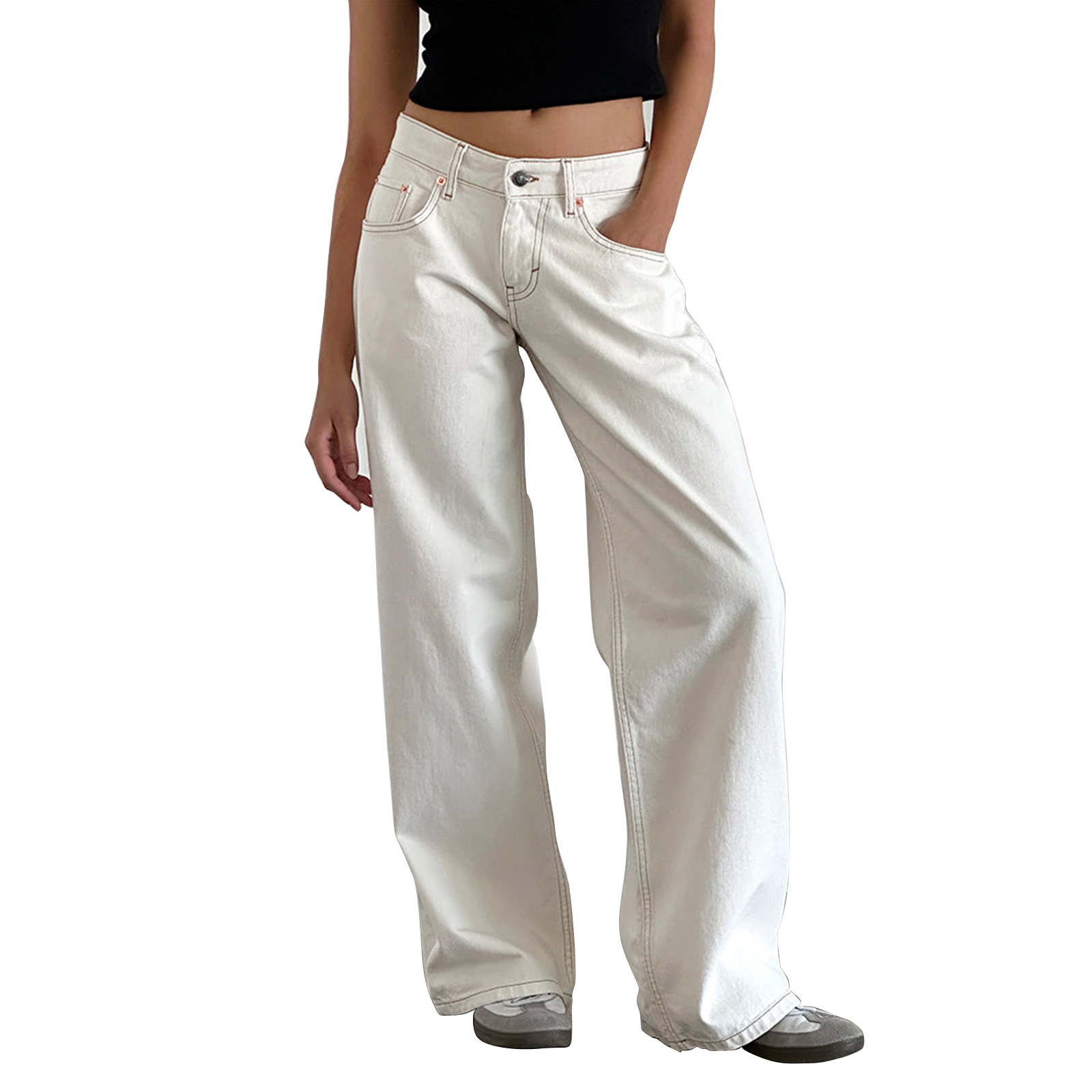 Women's Jeans Fashion jeans Women's straight leg mother pants White loose low waist pocket jeans dress cotton classic women's denim pan