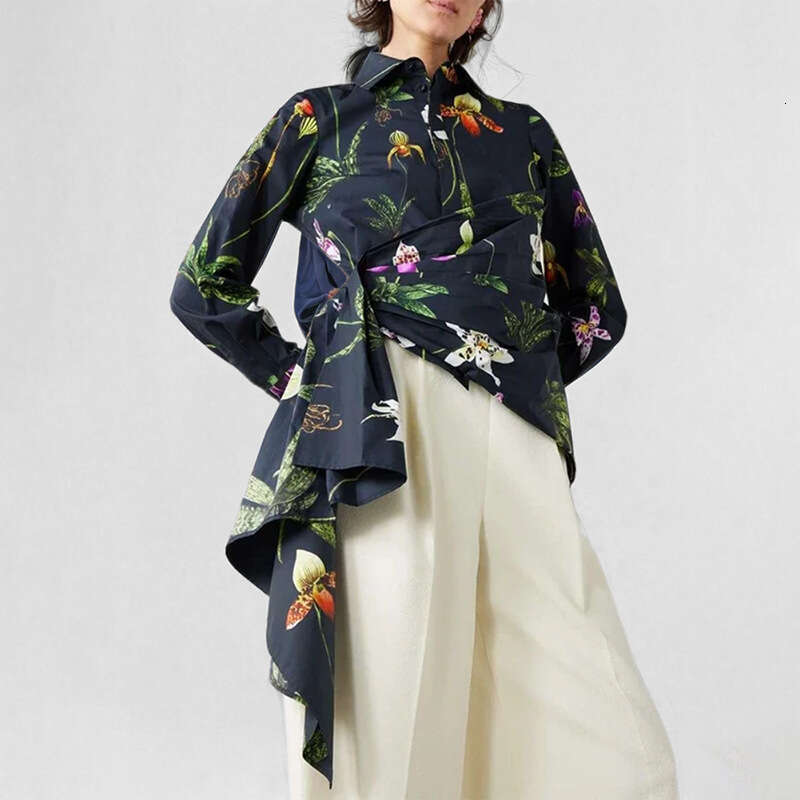 2025 Spring New Women's Fashion Printed Elegant Collar Irregular Shirt Top KLMY