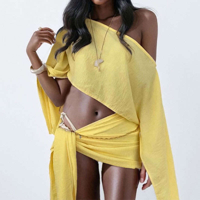 2025 New Vacation Wrap Skirt One Collar Off Shoulder Top Fashion Women's Two Piece Set KLMY