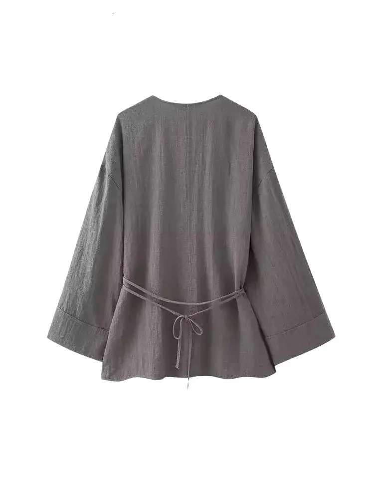 TRZAWomens Textured Crossover Kimono Blouses Side Ties Long Sleeves Loose Female Shirts Chic Tops Fashion 250311