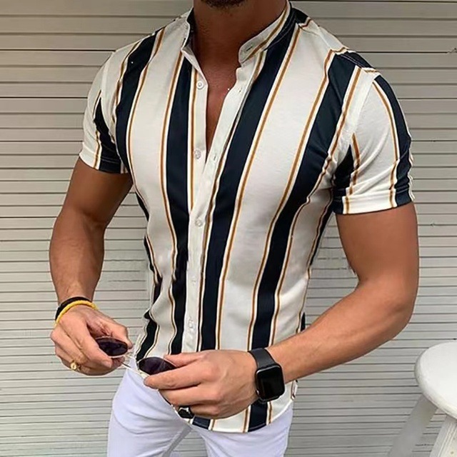 Print Shirt Patchwork Club Party Summer Beach Hawaiian Summer Casual Short Sleeve Shirts Fashion Men Shirt Striped shirt for Men
