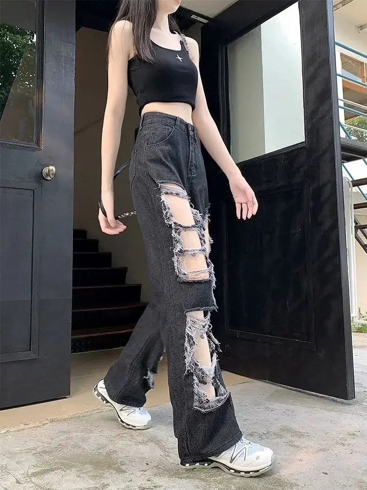 Broken Hole Jeans AllMatch Distressed Women High Street Hip Hop Waist Straight Loose Trousers Y2k Washed Mopping Pants 250311