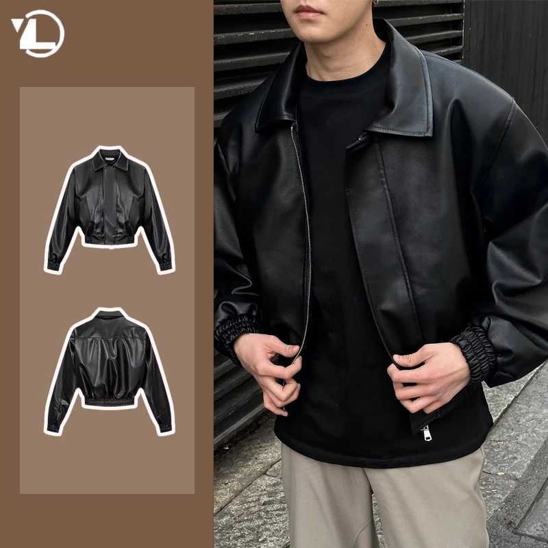 Korean Fashion PU Leather Jacket Mens Trendy Casual Black Zipper Jacket Loose Lapel Shoulder Pads Motorcycle Uniform WindbreakerT250311