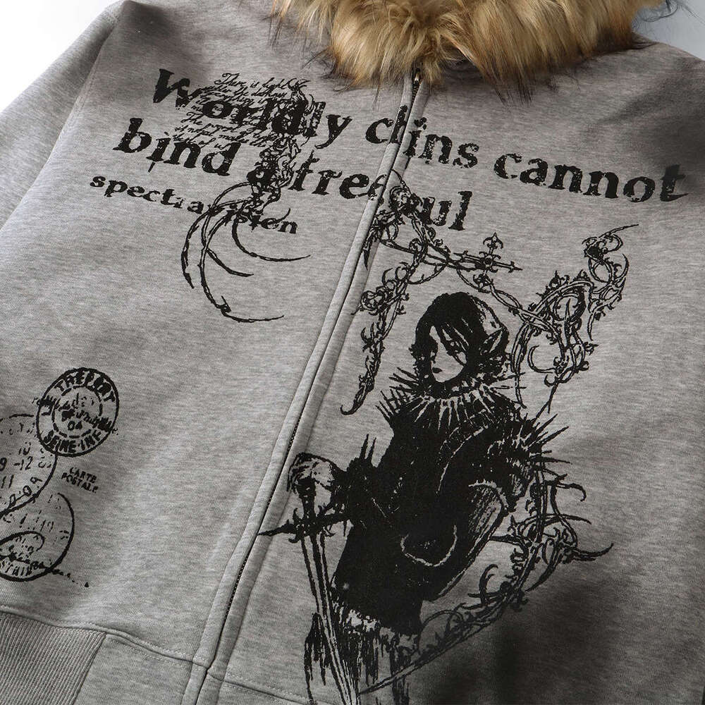 Jiayiku Men's 2025 New American Street Hairy Collar Hoodie Waste Soil Wind Stained Water Washed Cardigan Zipper Sweater