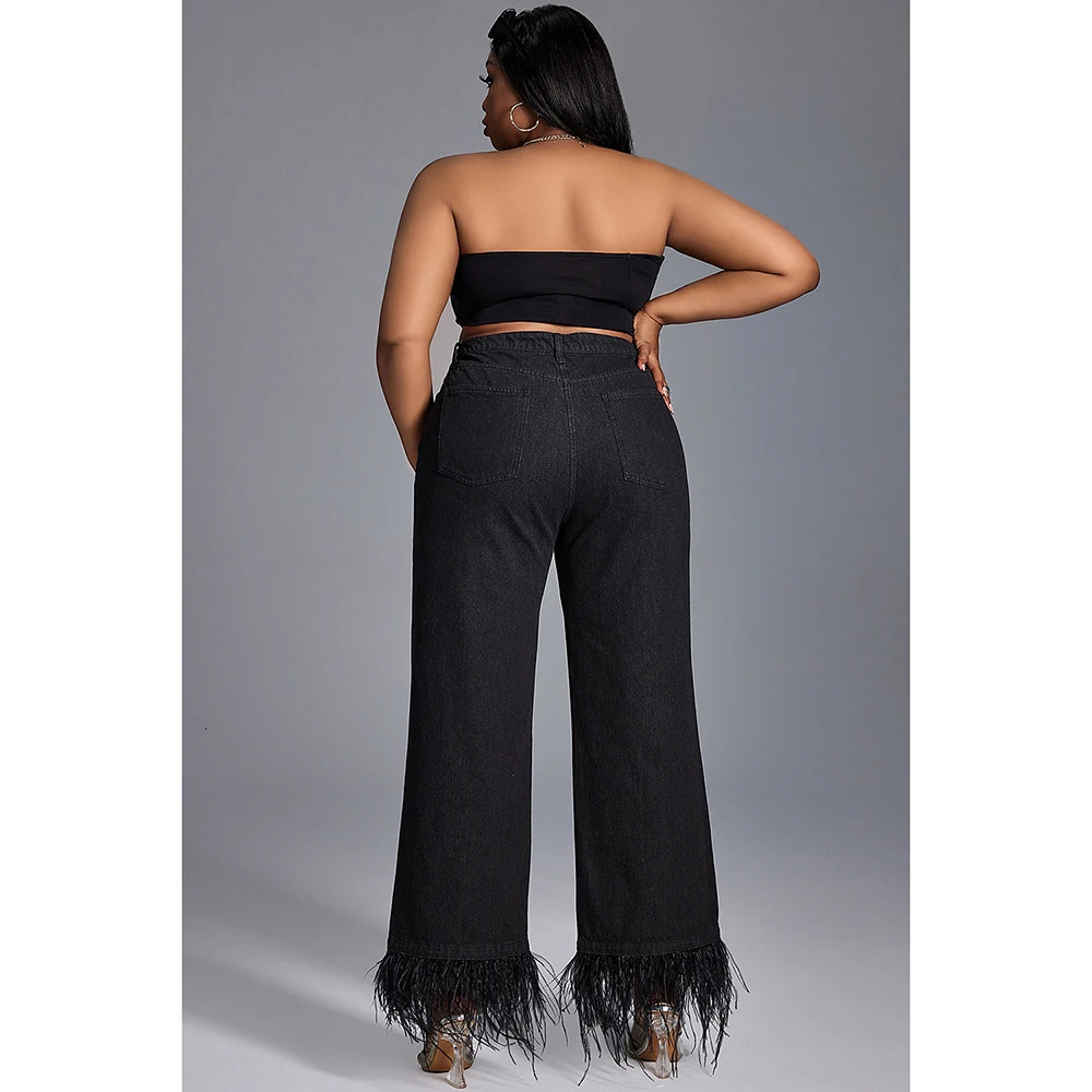 Plus Size Womens Jeans Daily Jean Black Casual High Waist Straight Feather Button Fashion 250311