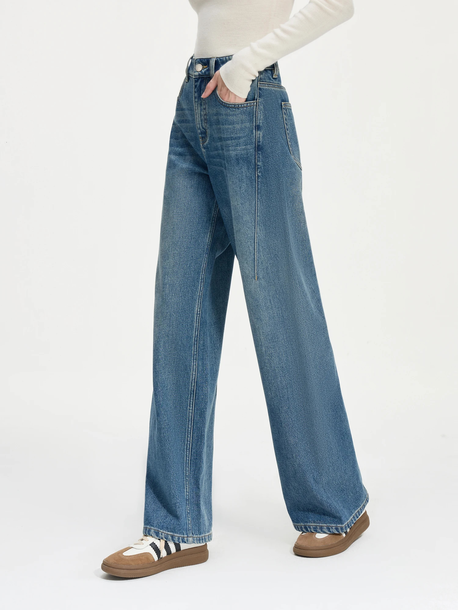 FSLE Womens Jeans Winter Thicken Retro Denim Blue Long Jean 100% Cotton Srtaight Female Thick Casual Full Length Pants 24FS14294 250311