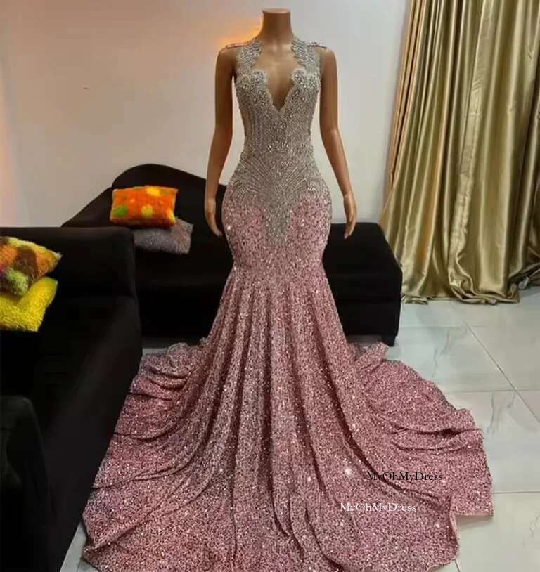 2025 Sparkly Pink Mermaid Prom Dress For Black Girls Beading Crystal Sequin Birthday Party Dresses tail Gown Customized