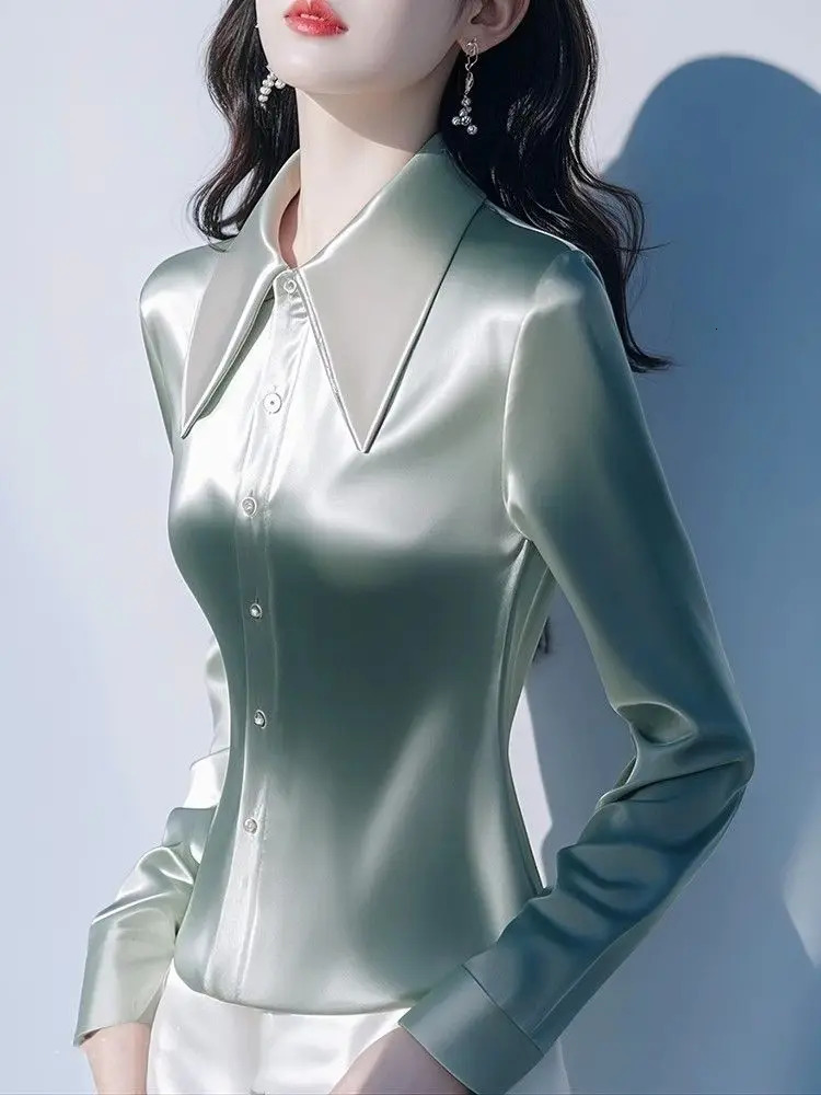 Green Satin Shirt for Women Early Spring Waisthugging Professional Commuting Cardigan 250310