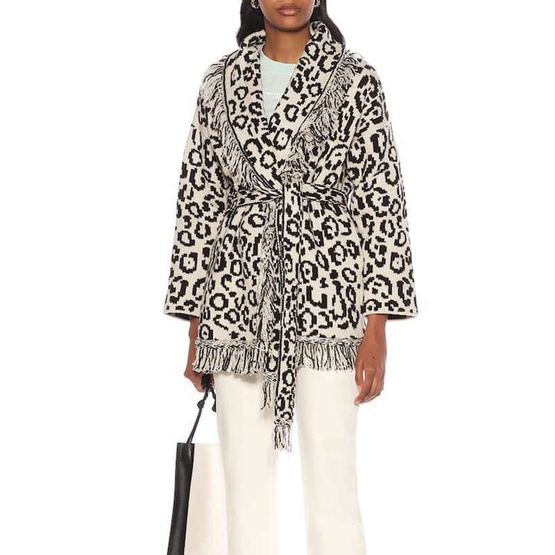 Autumn And Winter Leopard Print Jacquard Cardigan Sweater Wool Blend Loose Tassel Lace Up Knitted Jacket For Women
