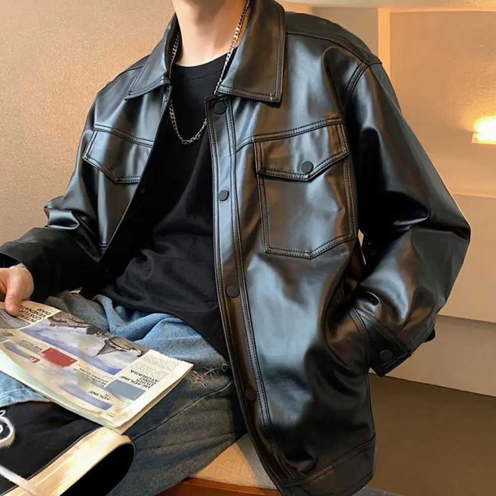 Men Faux Leather Jacket Spring Fall Turn-down Collar Breast Pocket Button Closure Long Sleeves Solid Color Black Male Casual CoaT250311