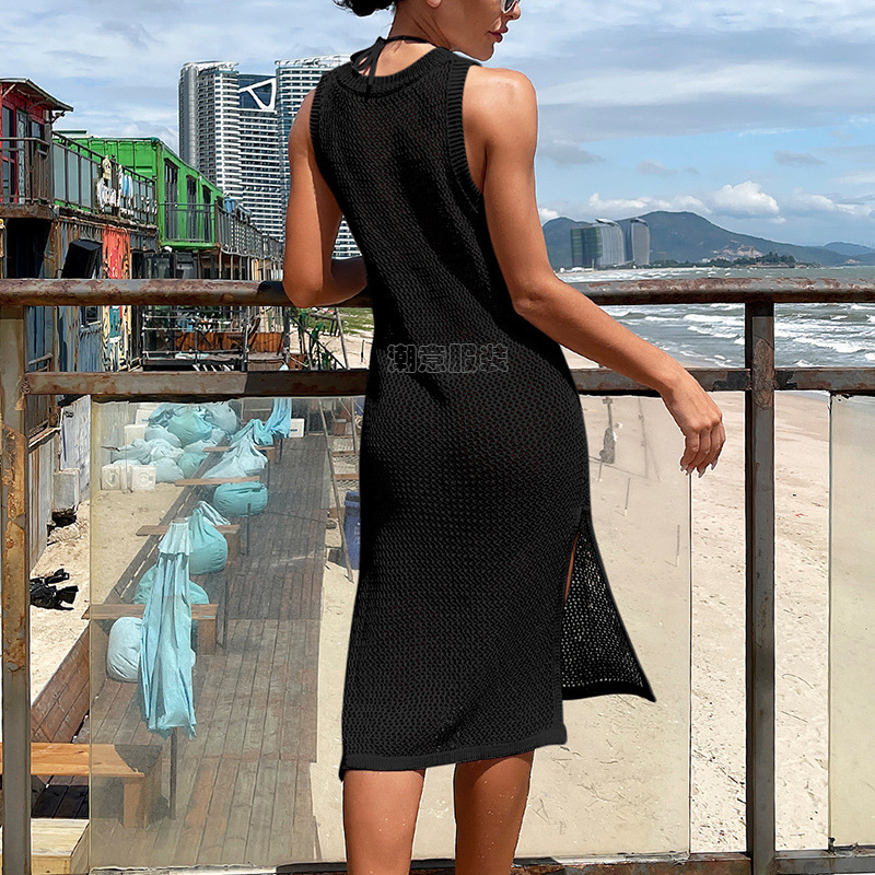 New Vacation Sexy Solid Color Round Neck Woven Texture High Slit Beach Sunscreen Cover Dress