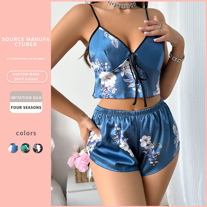 Elegant Women's Printed Ice Silk Pajama Set - Stylish Strapped Shorts and Belly Pocket Design