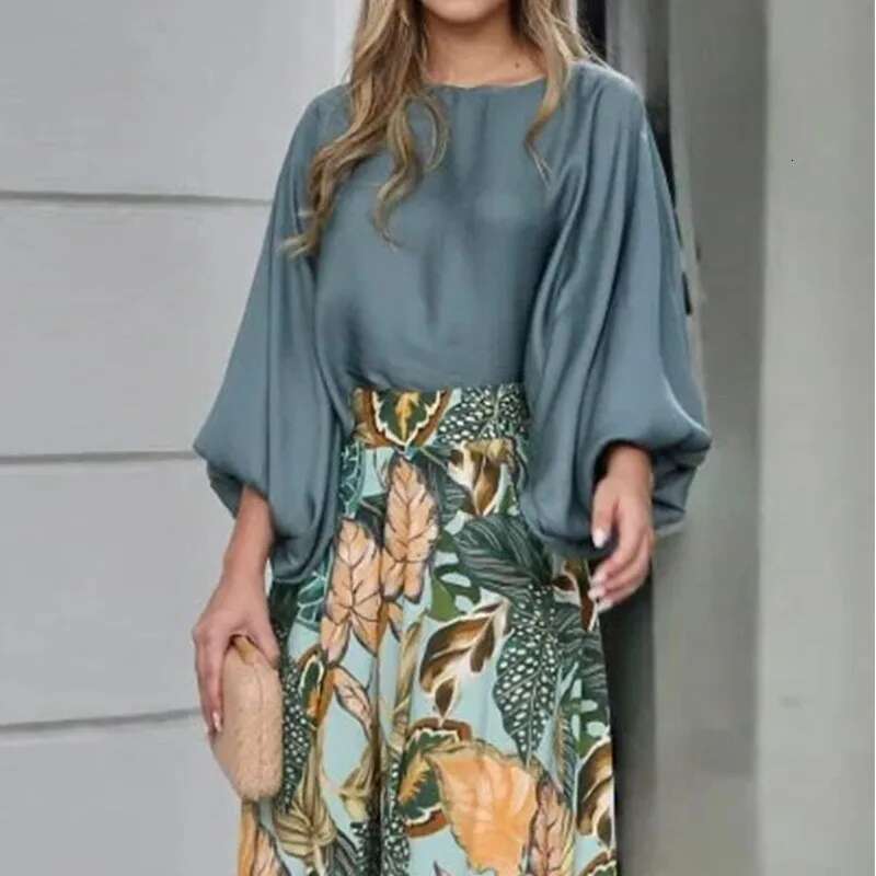 2024 Summer New Women's Clothing Lantern Sleeves Loose Top Printed Wide Leg Pants Two Piece Set Casual Ladies Trouser Outfit