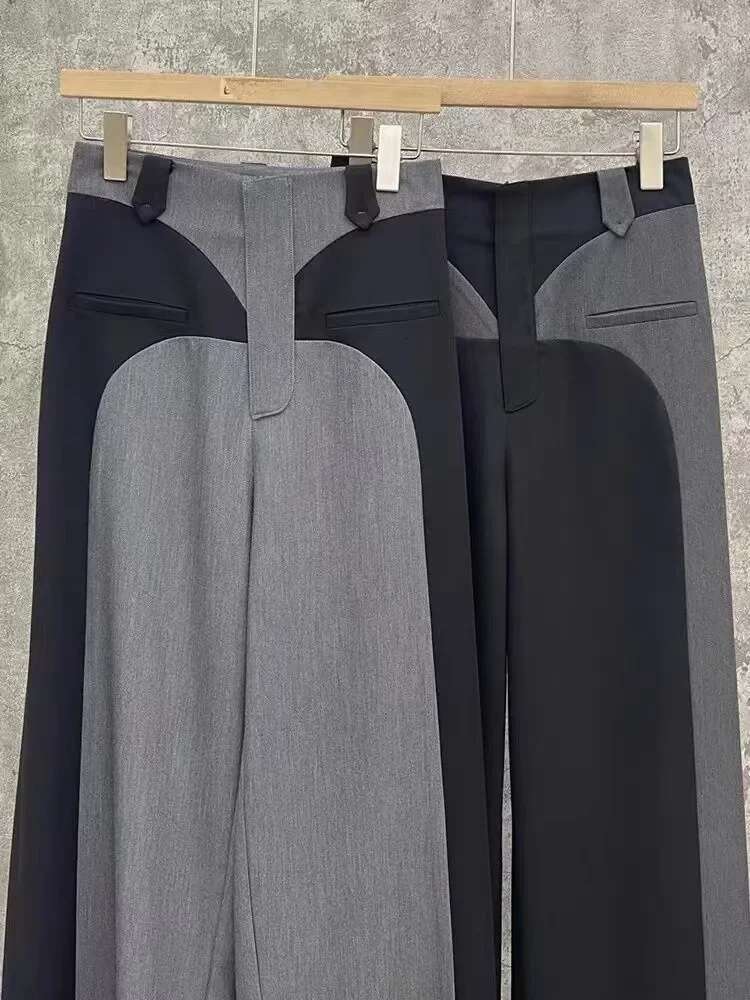Chesut Spring Newdesign Sense Color Contrast Patchwork Suit Women's High Waist Slimming Loose Wide Leg Mop Pants