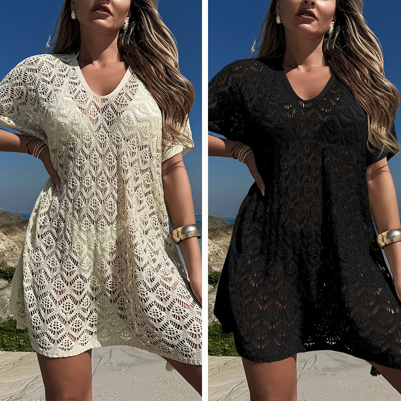 Hollow Knit V-Neck Loose Side Drawstring Slit Sexy Seaside Vacation Beach Sunscreen Cover Skirt