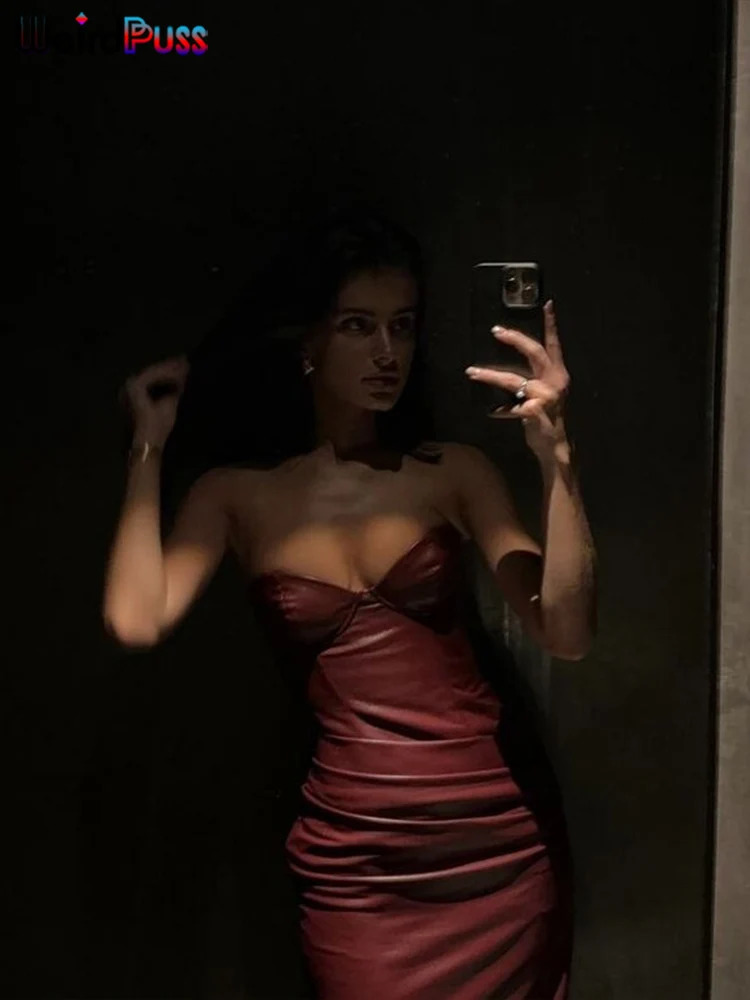 Weird Puss Faux Leather Dress Women Chest Wrap Cleavage Skinny Sleeveless Sexy Backless Midnight Party Clubwear Mini Bodycon 250311