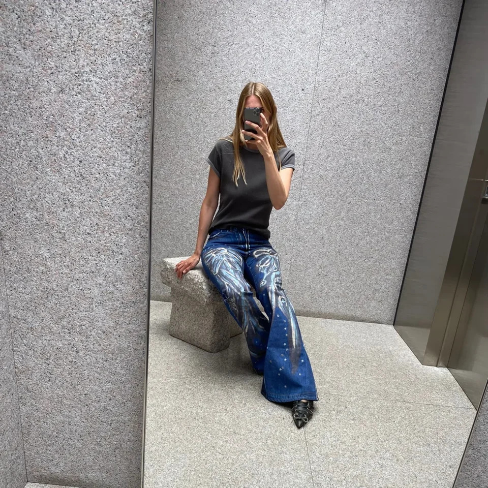 Yao888 Casual Jeans Digital Printing High Quality Bell Bottom Neutral Loose Street Clothing Retro Mens Fashion Jeans 250306