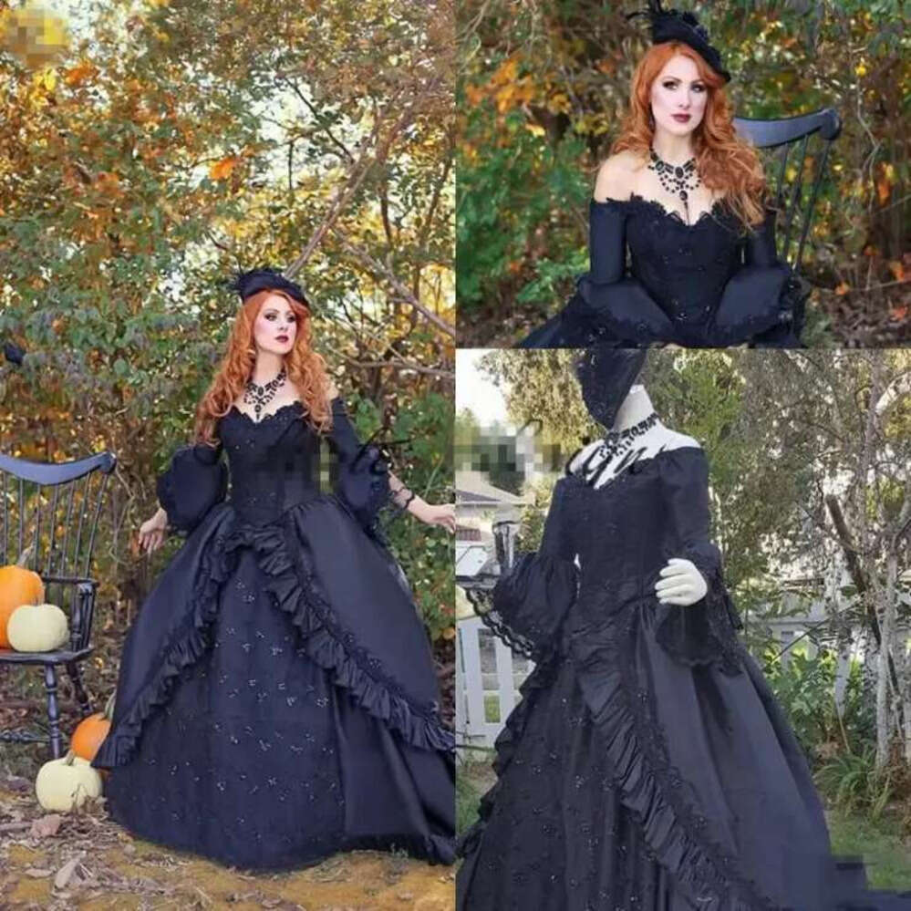 Victorian Brocade Gothic Black Wedding Dresses Classical Bridal Gowns Long Sleeves Bride Robe De Marrige Women Special Ocn Vestidos