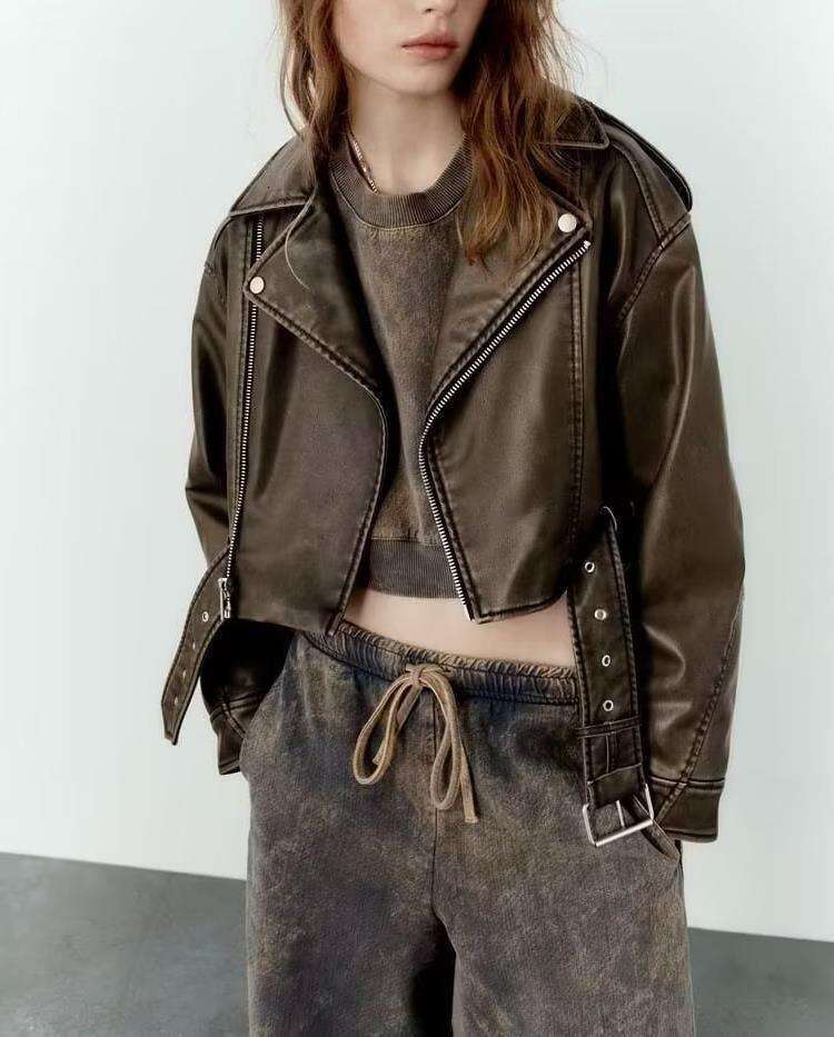 2023 Early Spring New Style Short Sleeved Lapel PU Washed Gradient Leather Versatile Jacket For Women