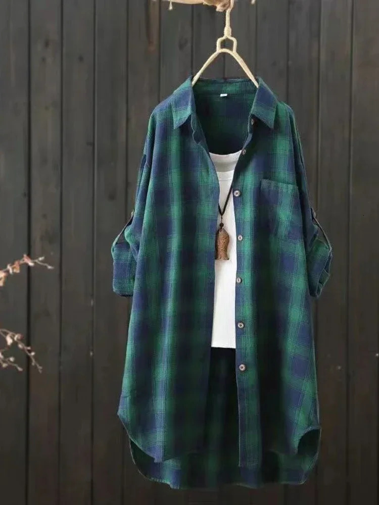 Womens Long Sleeve Blouse Fashionable and Agereducing Polo Collar Midlength Loose Versatile Fashion Top Plaid Shirt 250310