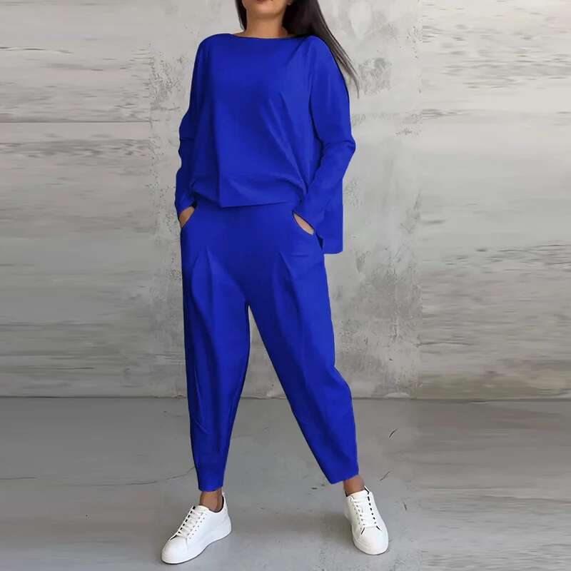 Two Piece Set For Women Long Sleeve O Neck Tops Elastic Waist Pants Solid Fashion Casual Sportswear 2025 Spring Pant Suit